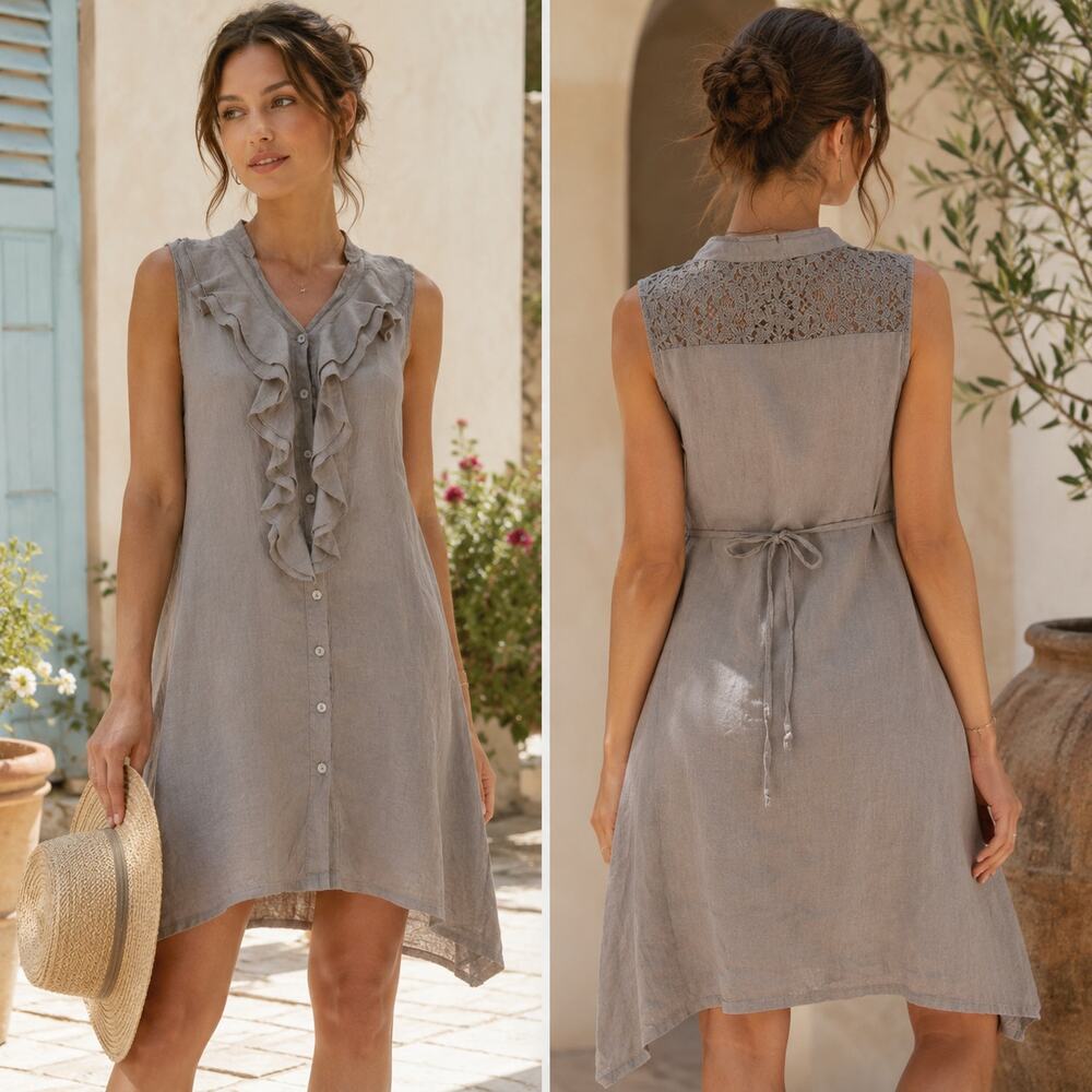 Terzo Millennio SZ 12/M/44 Linen Sleeveless Ruffle Front Dress Back Lace NWT